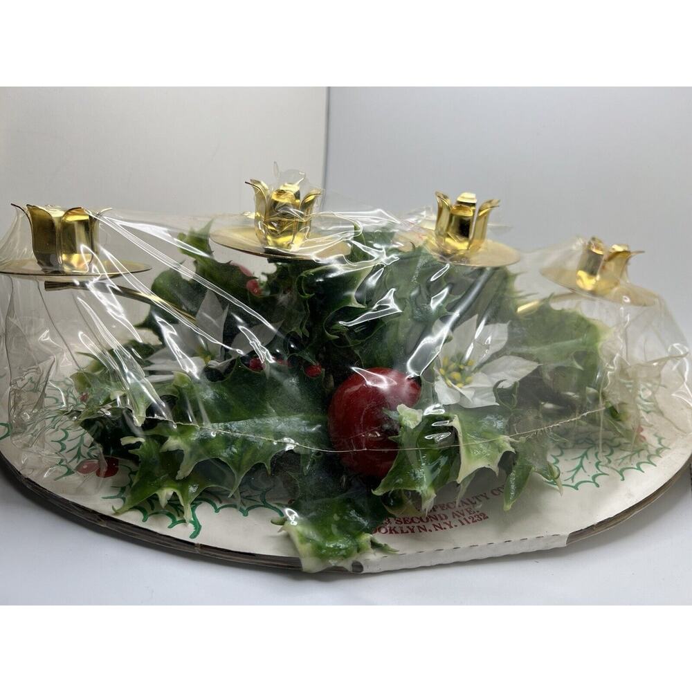 Vintage Christmas Votive Candle Holder Centerpiece Mantel Holly New Old Stock
